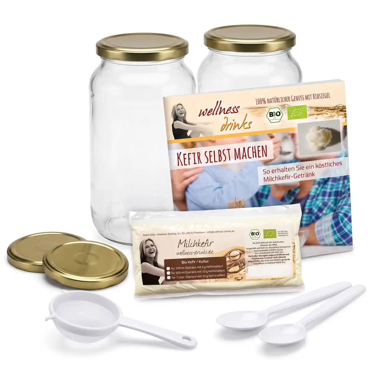 Bio Kefir Komplettset für 1 Liter (20 g Kefirknollen) mit zwei Gläsern