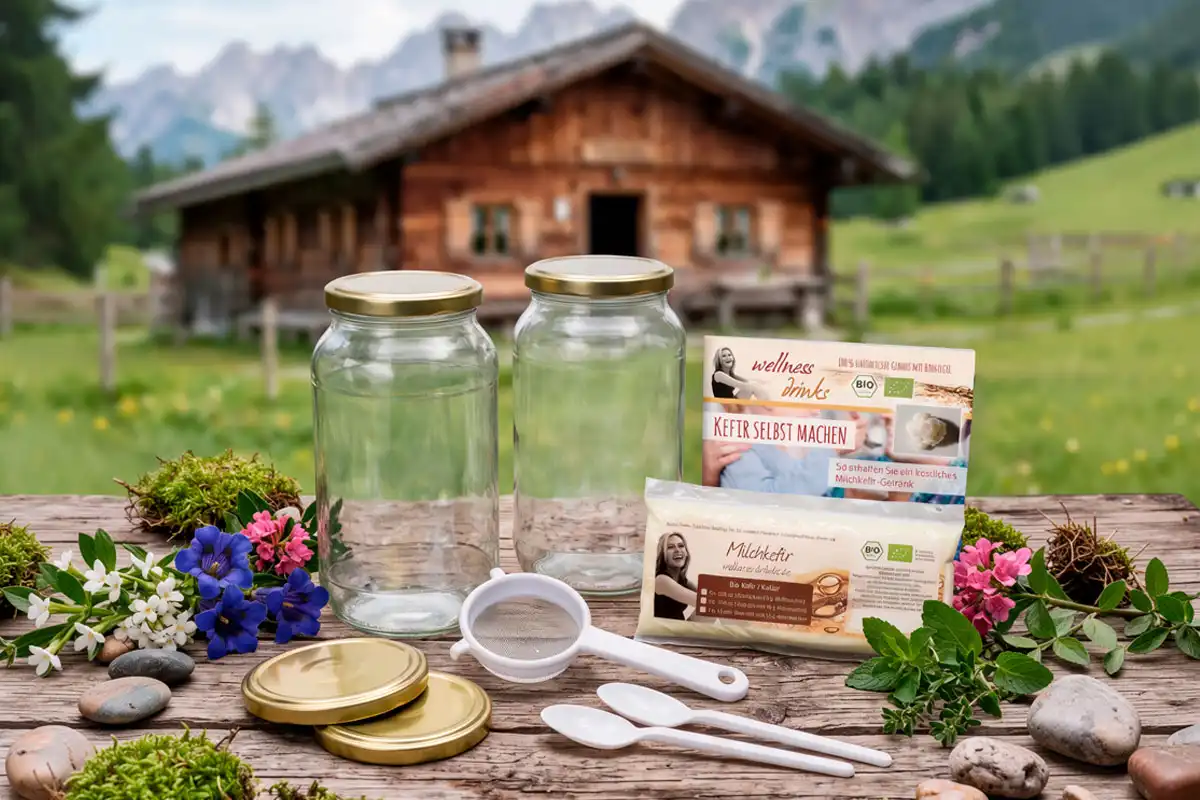 Bio Kefir / Milchkefir Komplettpaket für 1 Liter (20 g Kefirknollen) mit zwei Gläsern