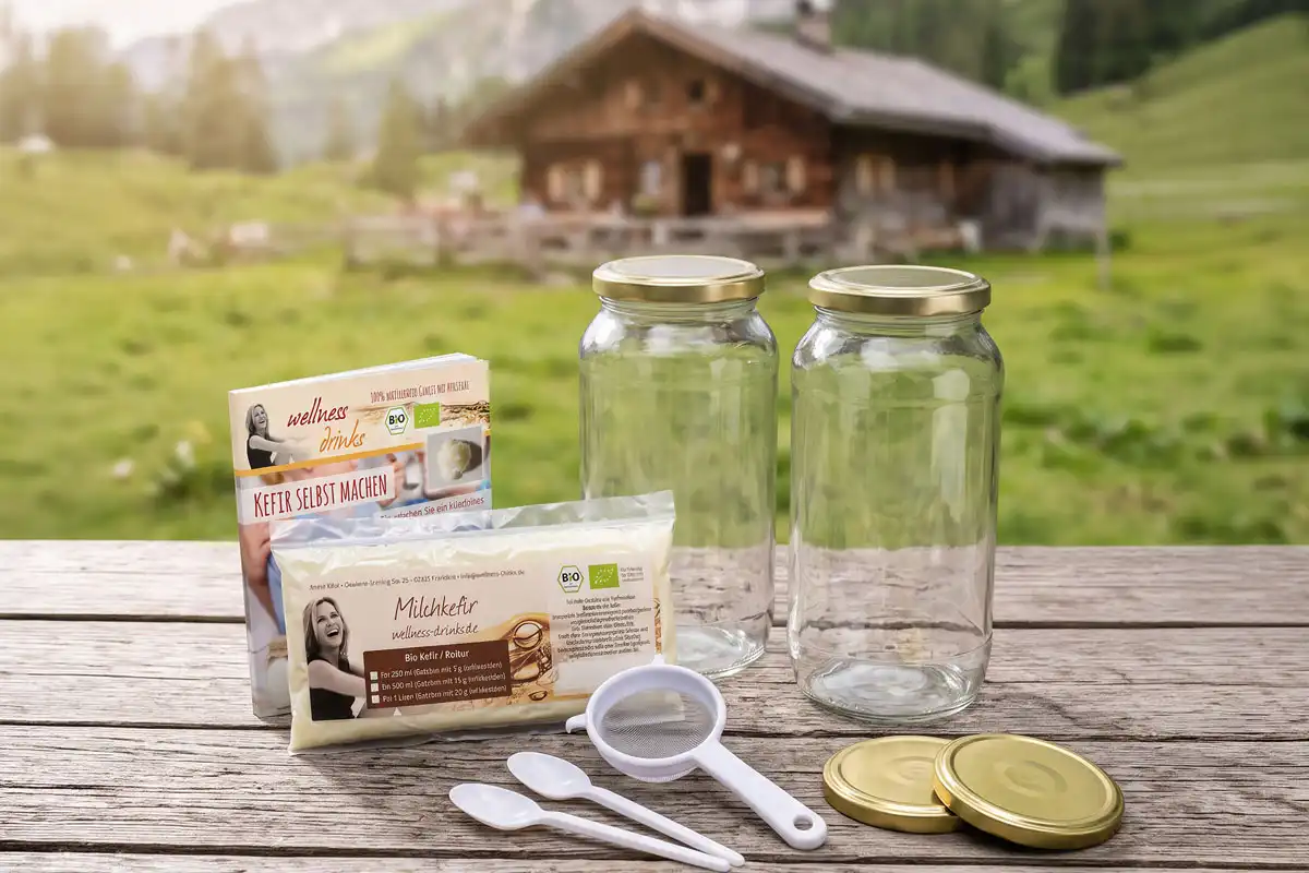 Bio Kefir Komplettset für 1 Liter (20 g Kefirknollen) mit zwei Gläsern