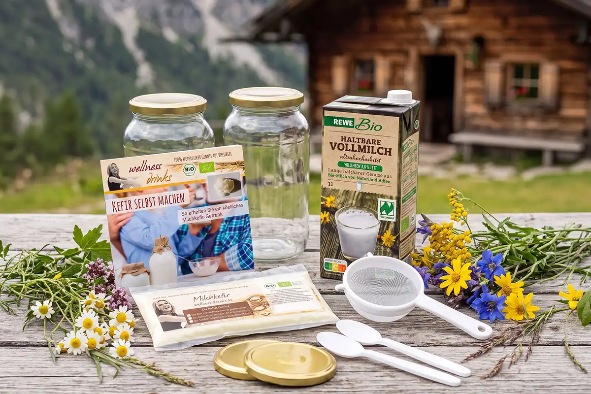 Bio Kefir Komplettset für 1 Liter (20 g Kefirknollen) mit zwei Gläsern