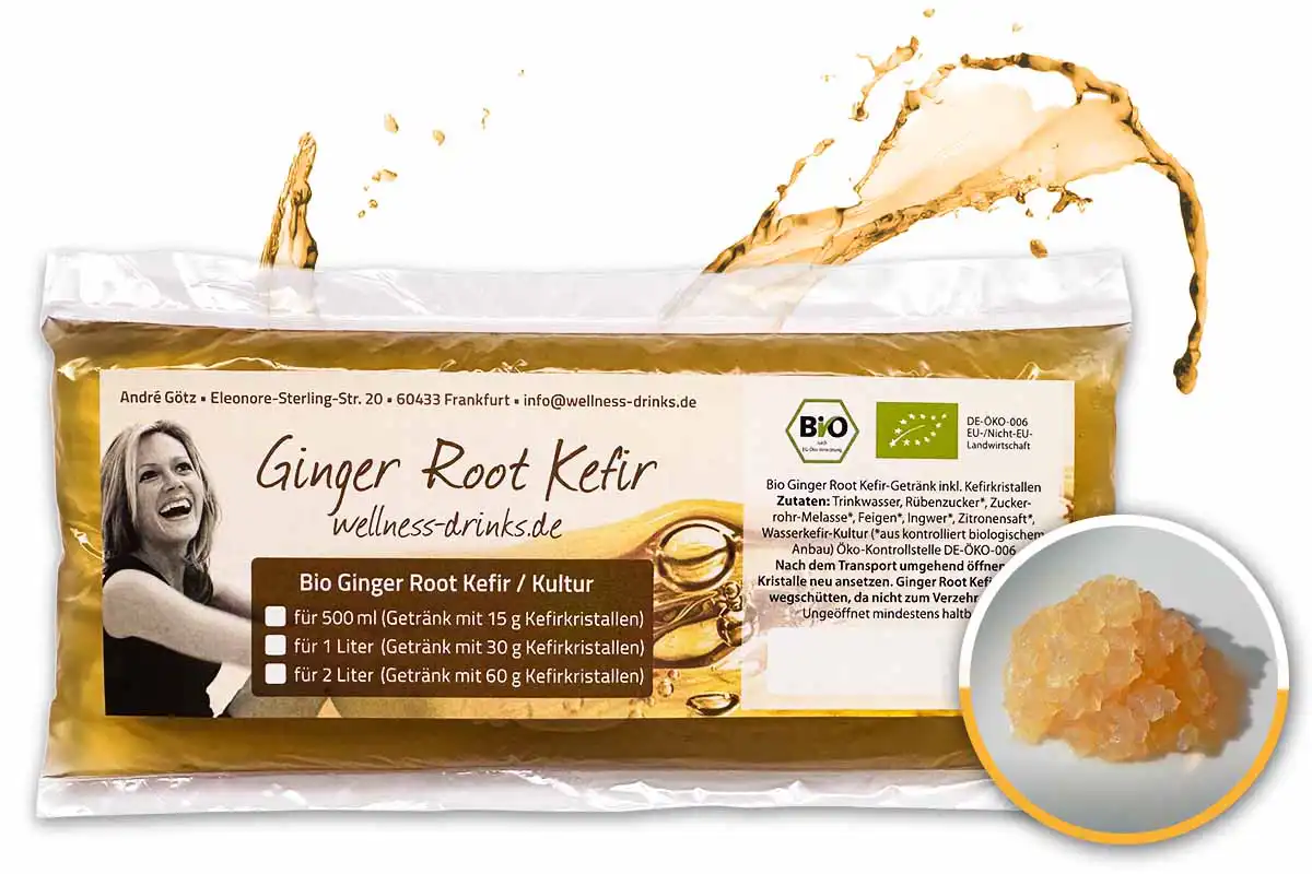 Bio Ginger Root Kefir für 1 Liter (mit 30 g Kefirkristallen) Bio Ginger Root Kefir für 1 Liter (mit 30 g Kefirkristallen)